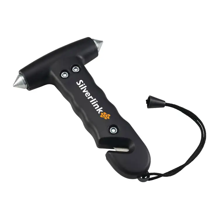 Emergency car hammer with seat belt cutter