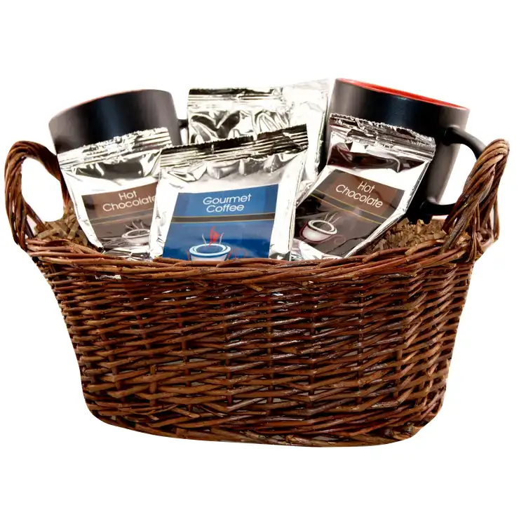 Deluxe Gift Basket with Two 12 oz Two-Tone Mugs and Hot Drinks