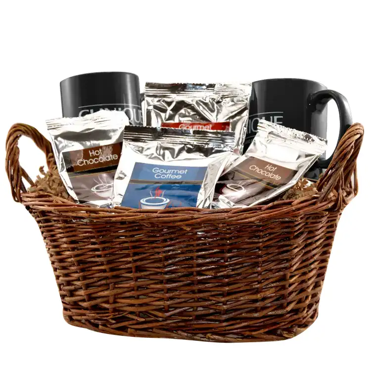 Deluxe Gift Basket with Two 11 oz Coloured Mugs and Hot Drinks