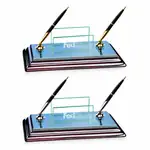 Sommerville Business Card Holder with Two Pens on Wood Base