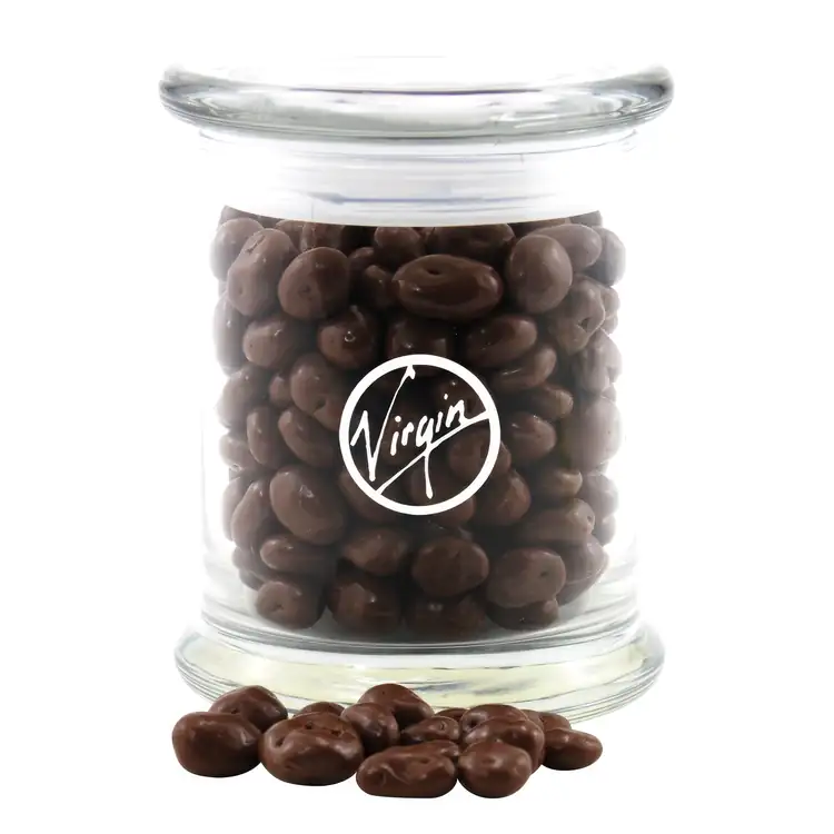 Glass Jar 12 oz with chocolate-covered raisins
