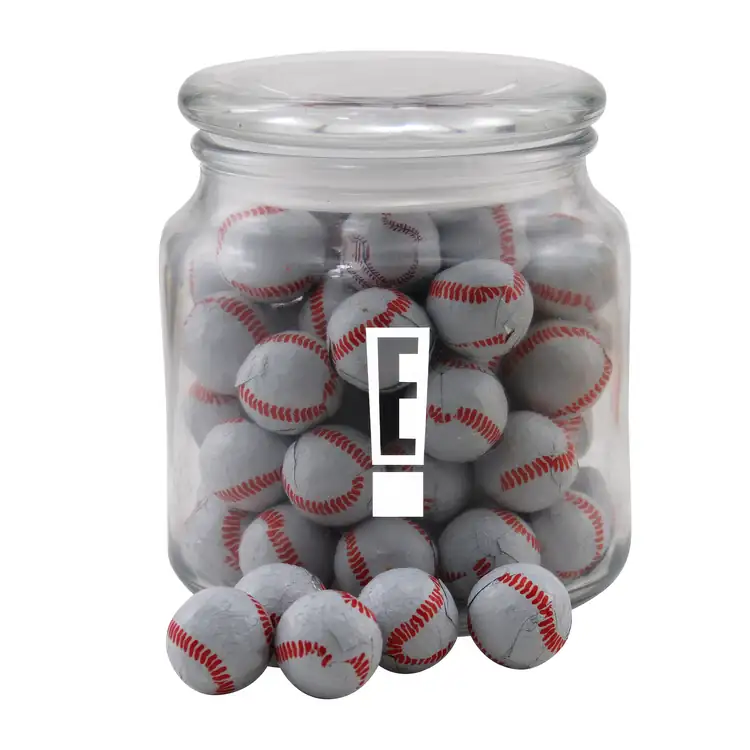 Pot rond en verre avec balles de baseball en chocolat