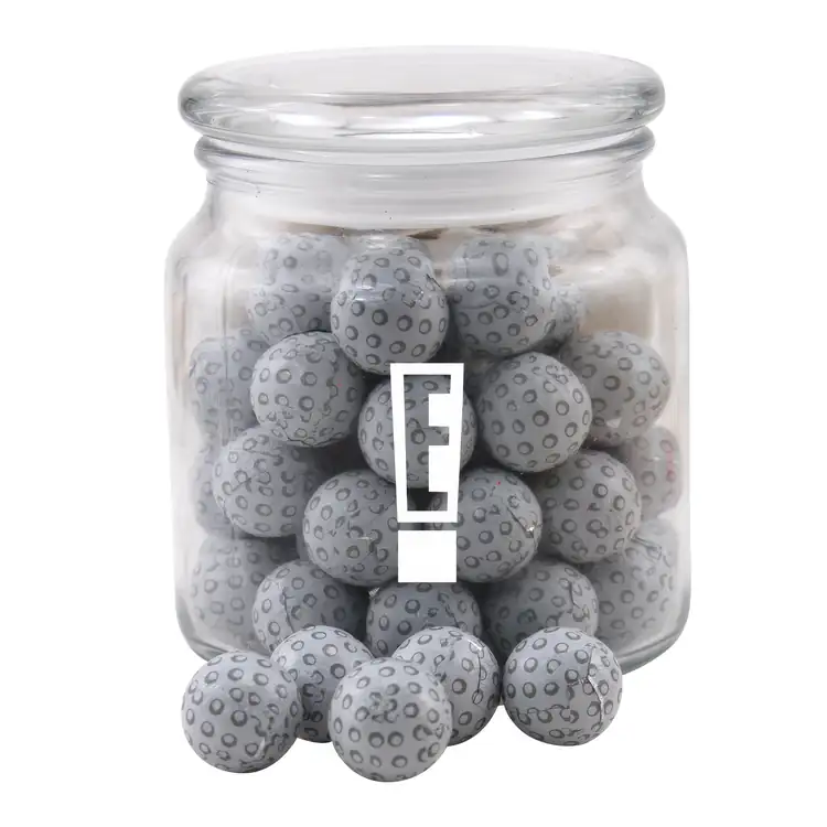 Pot rond en verre avec balles de golf en chocolat