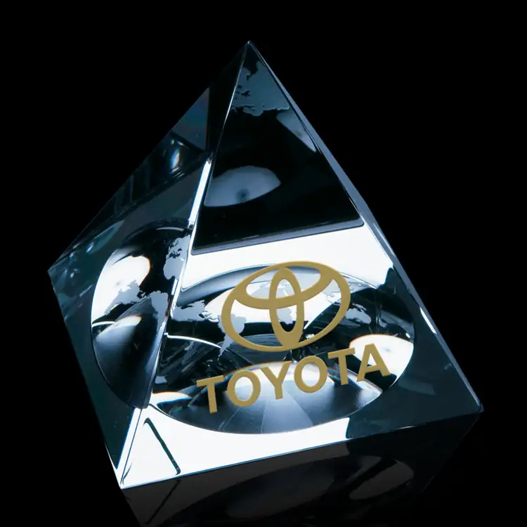 Globe Pyramid Optical Crystal Paperweight - Deep Etch