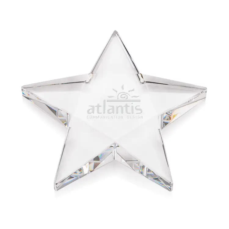 Pentagon Faceted Optical Crystal Star Paperweight - Deep Etch