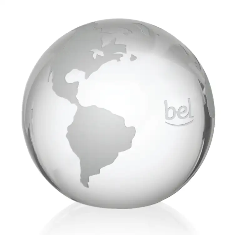 Optical Crystal Globe Paperweight with Frosted Continents - Deep Etch #2