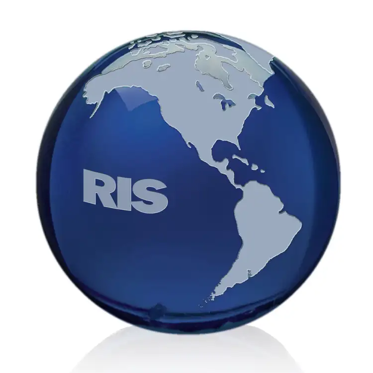 Optical Crystal Globe Paperweight with Frosted Continents - Deep Etch #3
