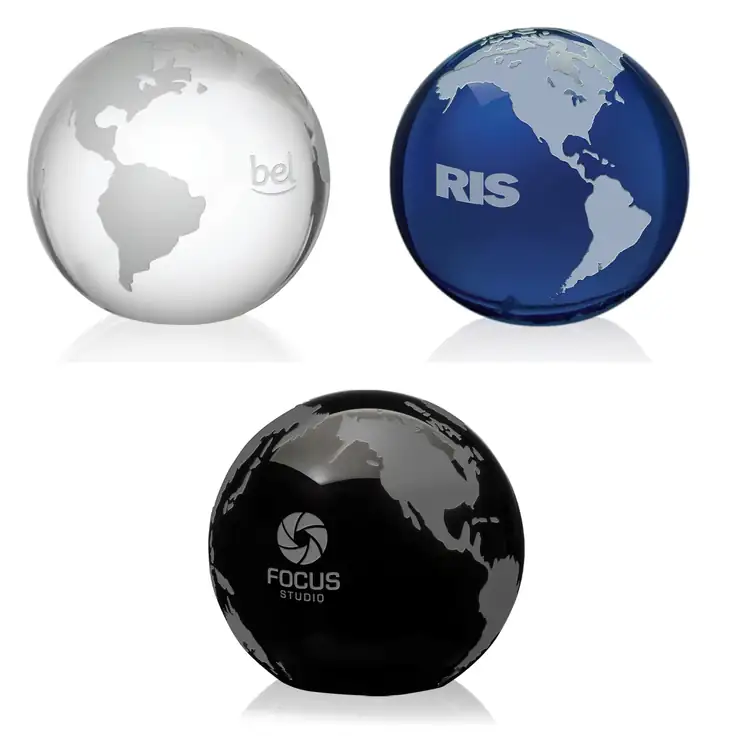 Optical Crystal Globe Paperweight with Frosted Continents - Deep Etch