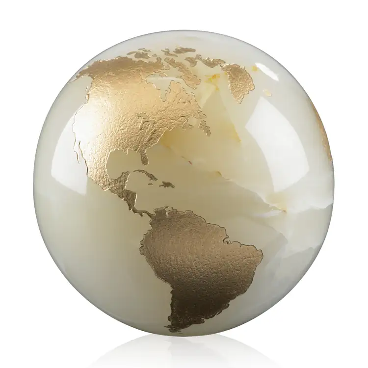 Marble Globe Paperweight with Gold Continents - Deep Etch #2