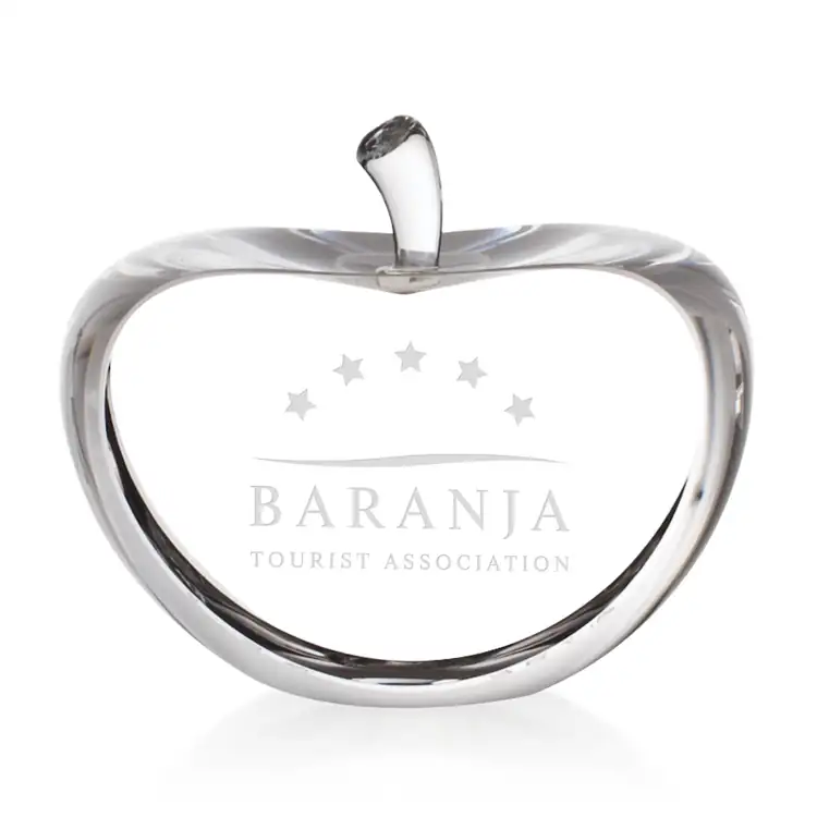 Optical Crystal Apple Paperweight with Flat Front and Back - Deep Etch