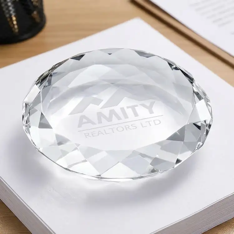 Amherst Round Optical Crystal Paperweight - Deep Etch #2