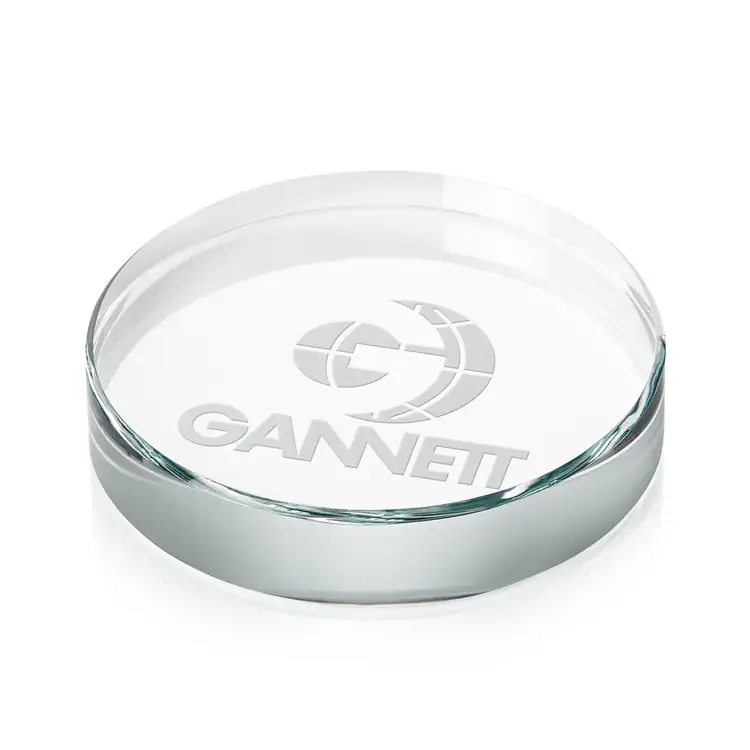 Barrie Round Starfire Crystal Paperweight - Deep Etch