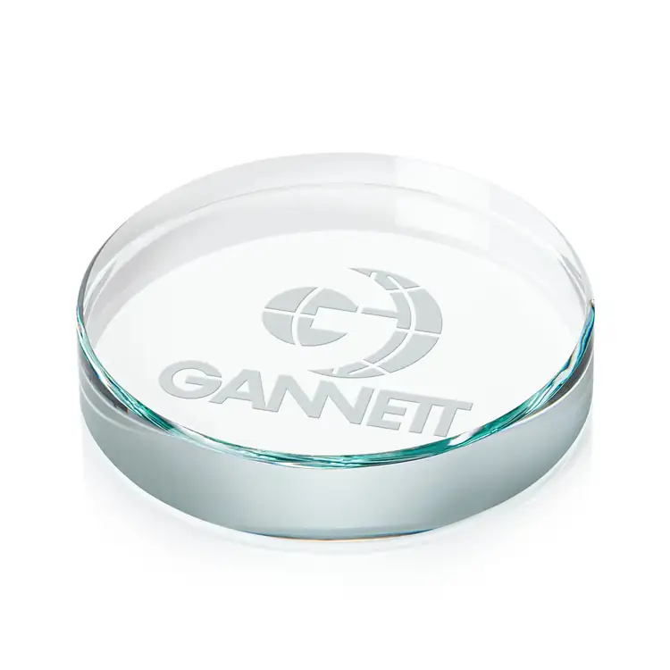 Barrie Round Jade Glass Paperweight - Deep Etch