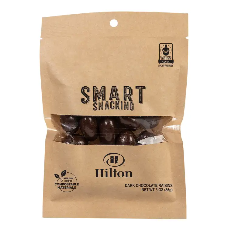 Fairtrade Compostable Kraft Pouch with Dark Chocolate Raisins 3 oz