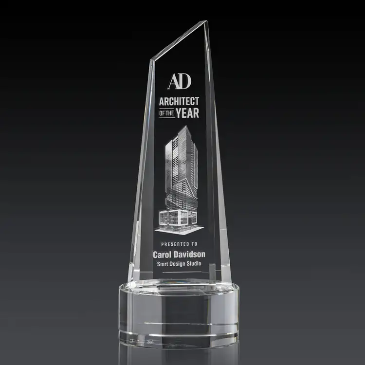 Akron Optical Crystal Award - Tower on Crystal Base - 3D Engraving #2