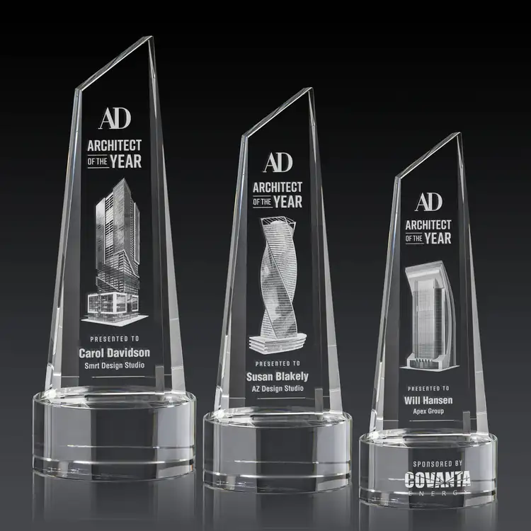Akron Optical Crystal Award - Tower on Crystal Base - 3D Engraving