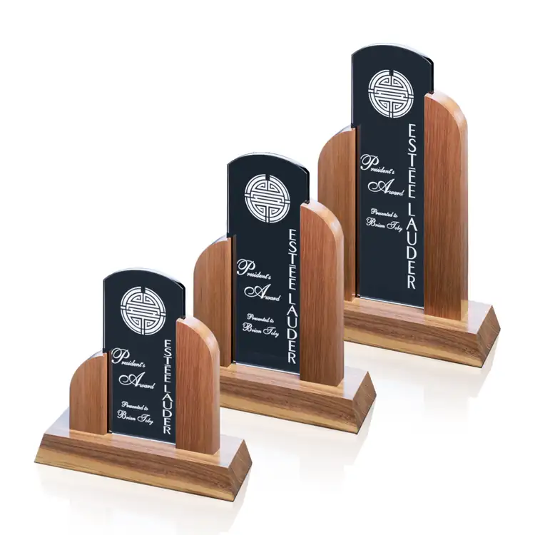 Prestige Glass Art Deco Tower Grey Glass and Walnut Award