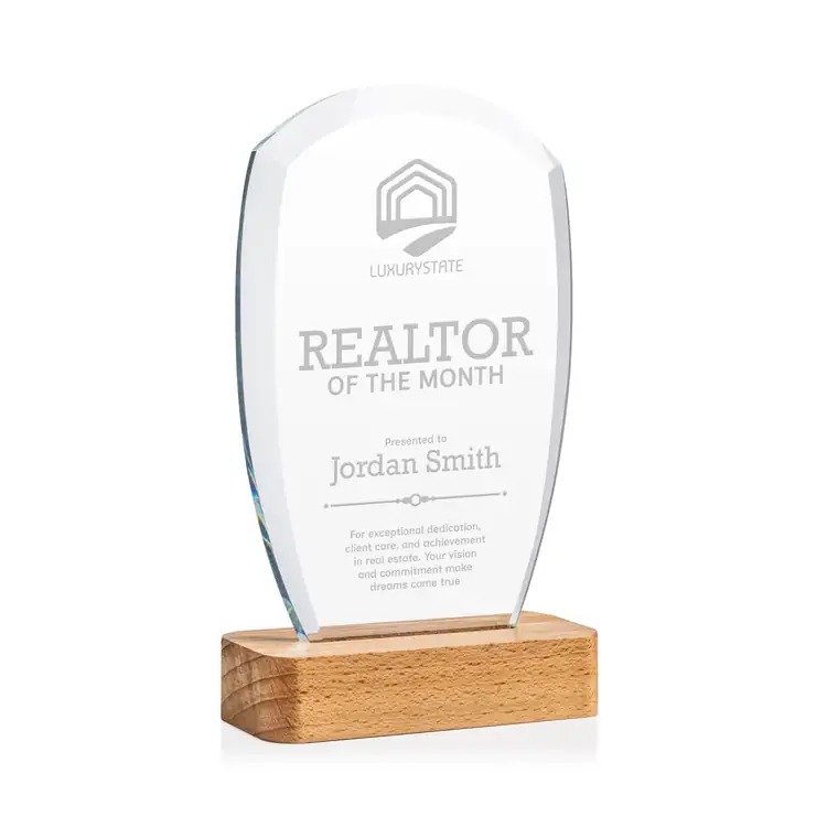 Bayshore Starfire Crystal Award on Beechwood Base - Deep Etch #2