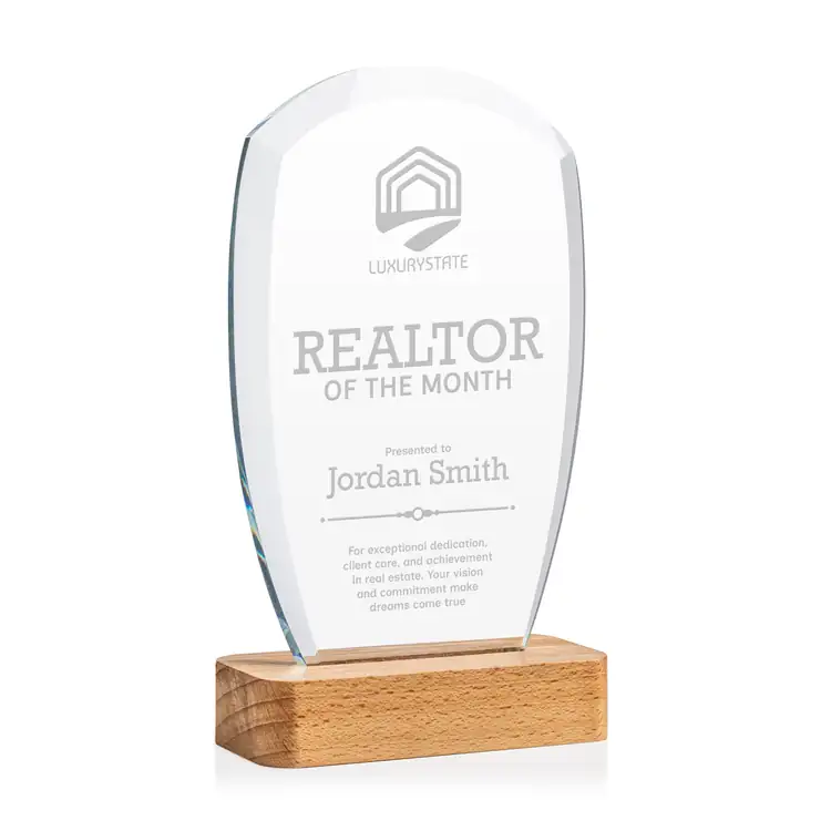 Bayshore Starfire Crystal Award on Beechwood Base - Deep Etch #3