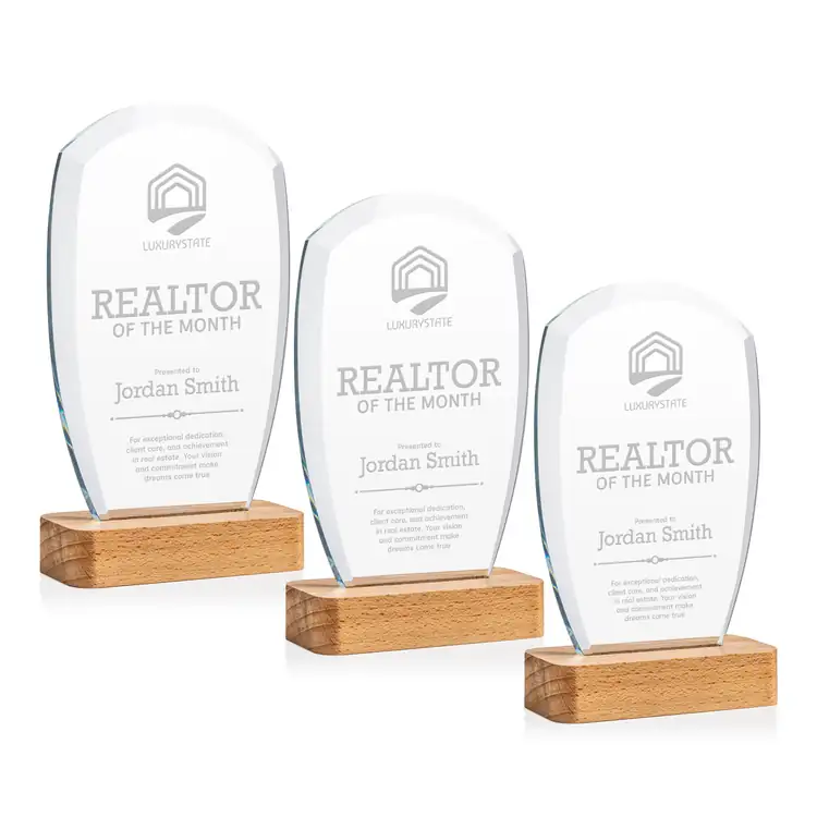 Bayshore Starfire Crystal Award on Beechwood Base - Deep Etch