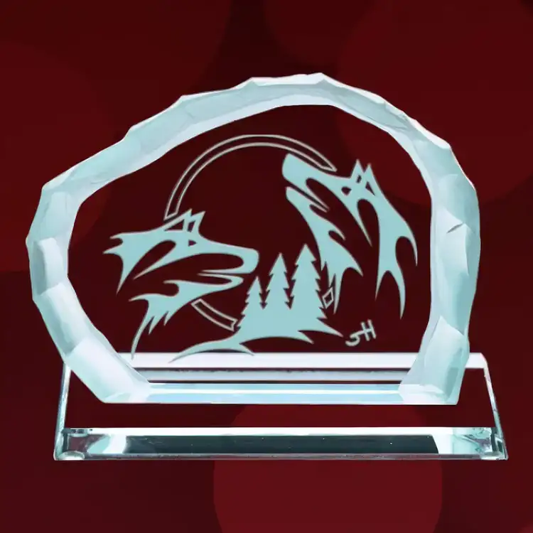 Brother Wolf Jade Glass Award on Jade Glass Base - Deep Etch