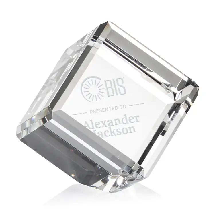 Carlton Optical Crystal Award - Clipped Cube - Deep Etch #2