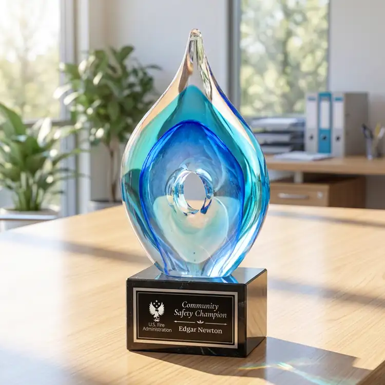 Caspian Art Glass Award on Square Marble Base - Laser Engraving #3