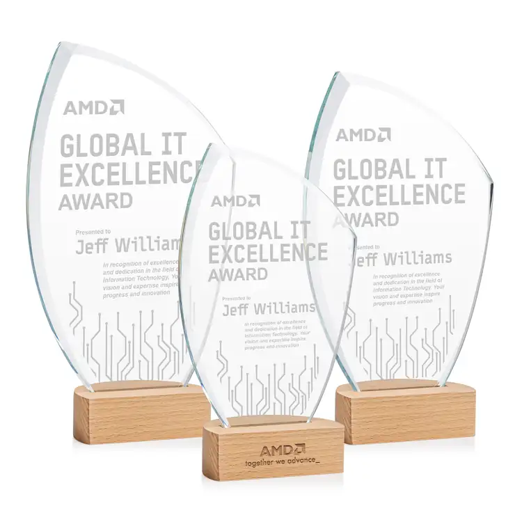 Clarence Crystal Award on Beechwood Base - Deep Etch