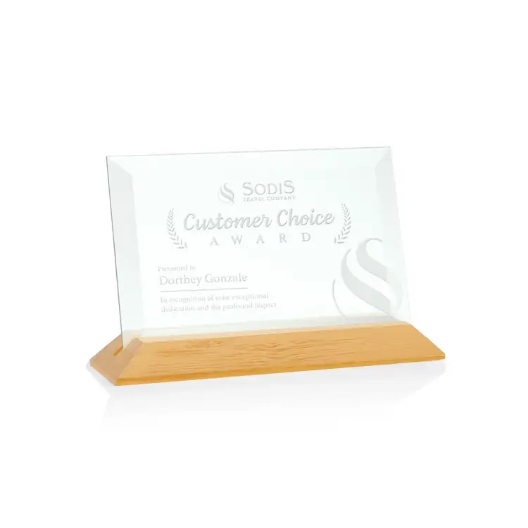 Embassy Horizontal Jade Glass Award on Bamboo Base - Deep Etch #2