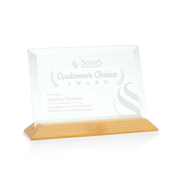 Embassy Horizontal Jade Glass Award on Bamboo Base - Deep Etch #3