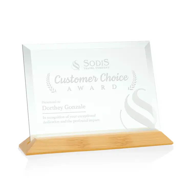 Embassy Horizontal Jade Glass Award on Bamboo Base - Deep Etch #4