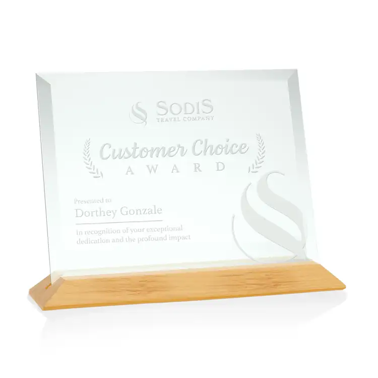 Embassy Horizontal Jade Glass Award on Bamboo Base - Deep Etch #5