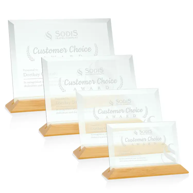 Embassy Horizontal Jade Glass Award on Bamboo Base - Deep Etch