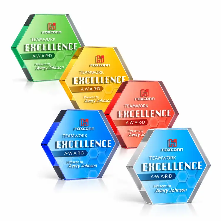 Gilford Hexagon Double Sided Award - Starfire Crystal - Double Sided Multicolor