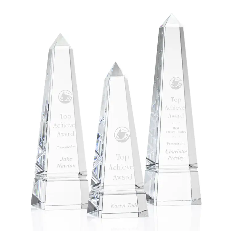 Groove Optical Crystal Award - Obelisk on Base - Deep Etch