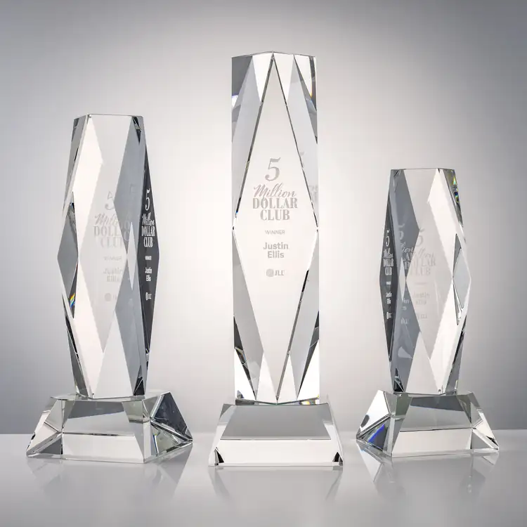 President Optical Crystal Award - Faceted Diamond on Sheffield Base - Deep Etch