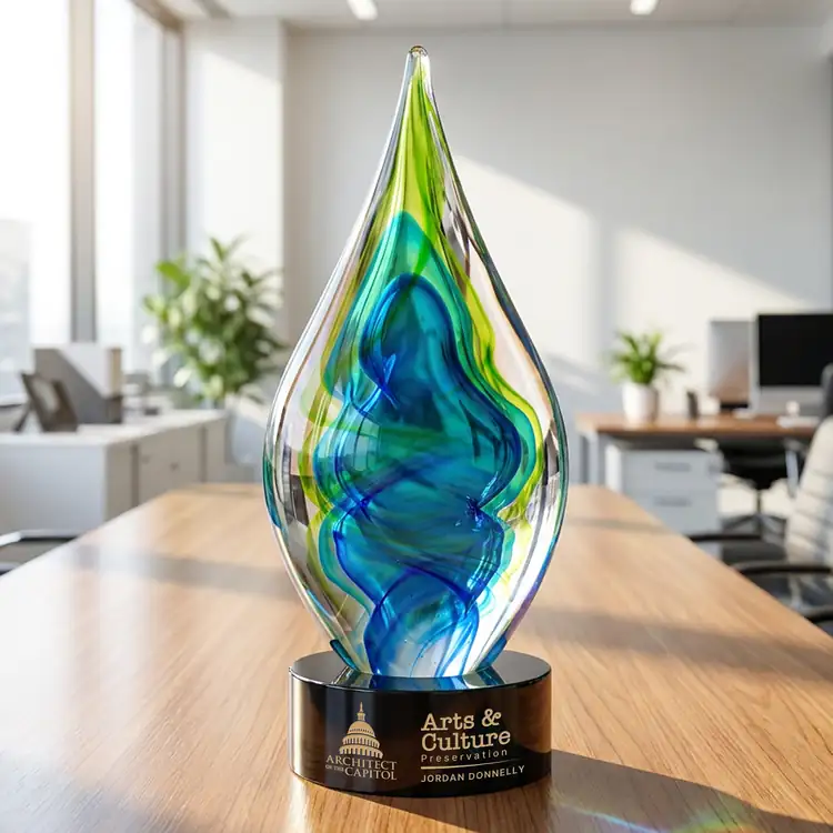 Sunnidale Art Glass Award - Teardrop on Marvel Base - Black or Blue Base - Laser Engraving #4