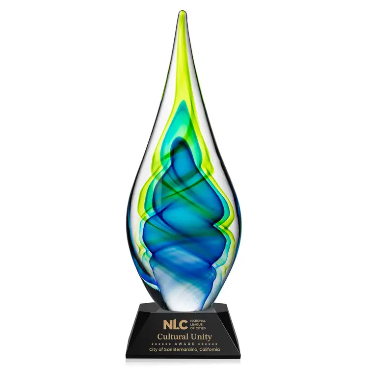 Sunnidale Art Glass Award - Teardrop on Sheffield Base - Black or Blue Base - Laser Engraving #2