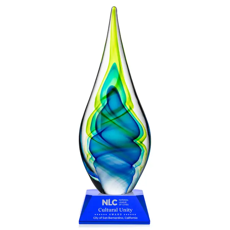 Sunnidale Art Glass Award - Teardrop on Sheffield Base - Black or Blue Base - Laser Engraving #3