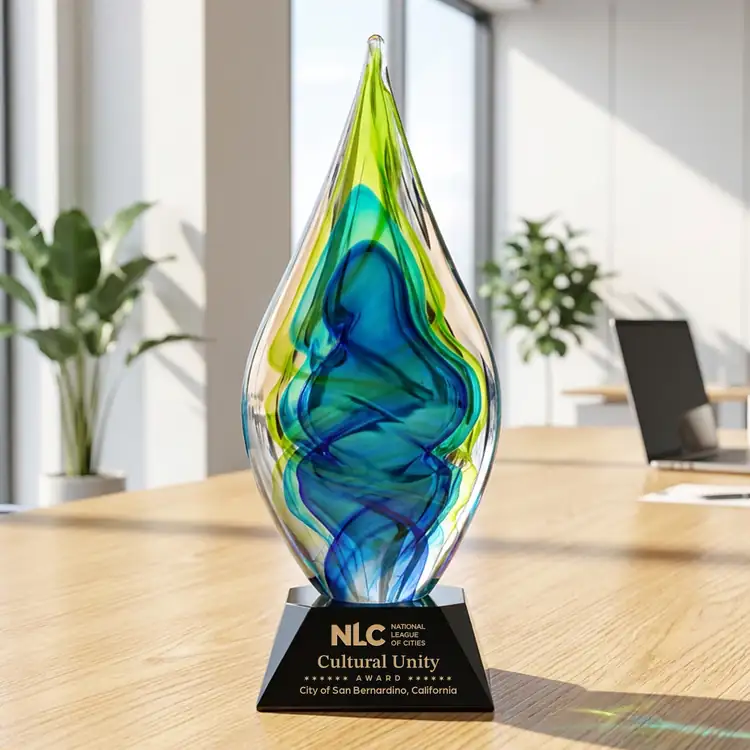 Sunnidale Art Glass Award - Teardrop on Sheffield Base - Black or Blue Base - Laser Engraving #4