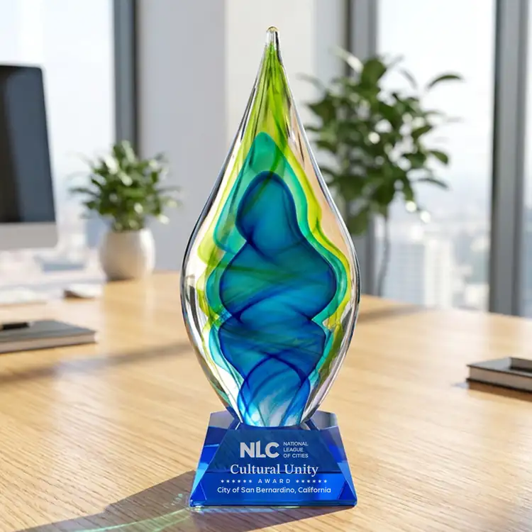 Sunnidale Art Glass Award - Teardrop on Sheffield Base - Black or Blue Base - Laser Engraving #5
