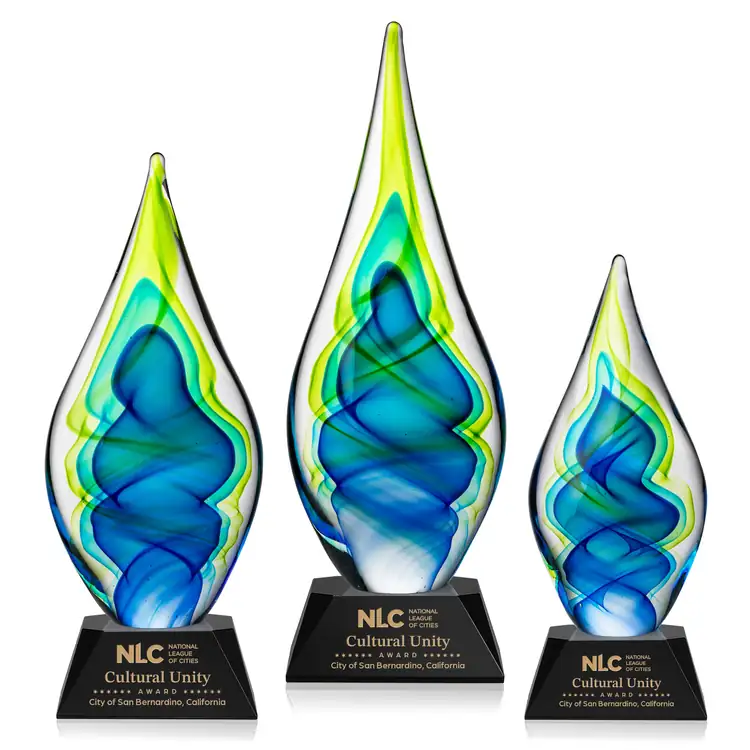 Sunnidale Art Glass Award - Teardrop on Sheffield Base - Black or Blue Base - Laser Engraving