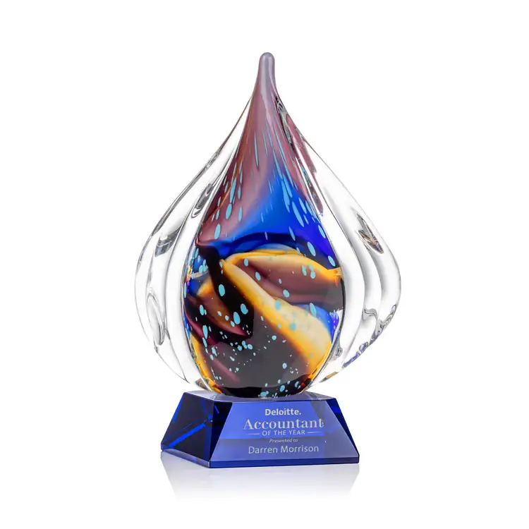 Valentina Art Glass Award - Teardrop on Sheffield Base - Black or Blue Base - Laser Engraving #2