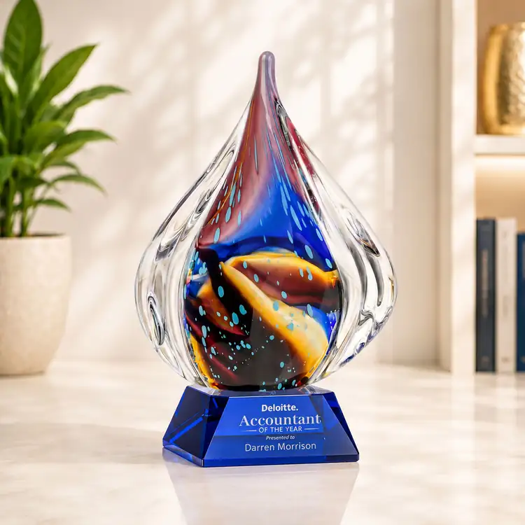 Valentina Art Glass Award - Teardrop on Sheffield Base - Black or Blue Base - Laser Engraving #4