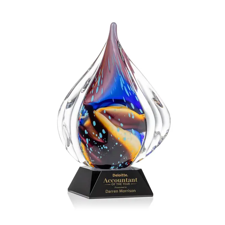 Valentina Art Glass Award - Teardrop on Sheffield Base - Black or Blue Base - Laser Engraving