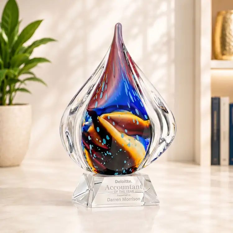 Valentina Art Glass Award - Teardrop on Sheffield Base - Clear Base - Deep Etch #2