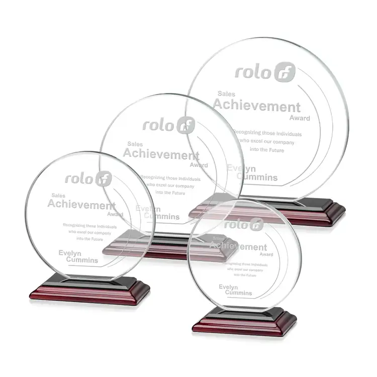 Trophée Victoria en cristal Starfire - Disque sur socle Albion au fini bois de rose - Gravure