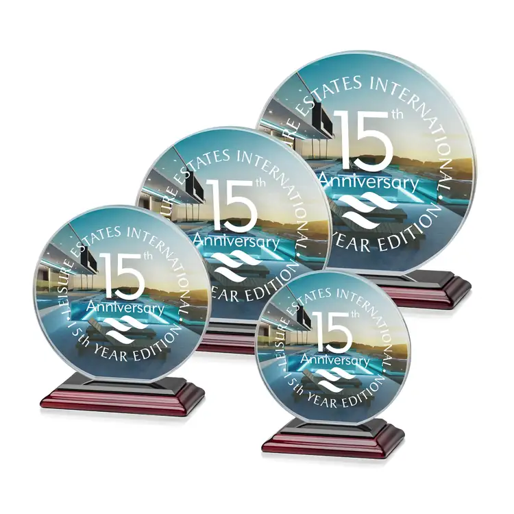 Victoria Starfire Crystal Award - Disc on Albion Rosewood Finish Base - Multicolor