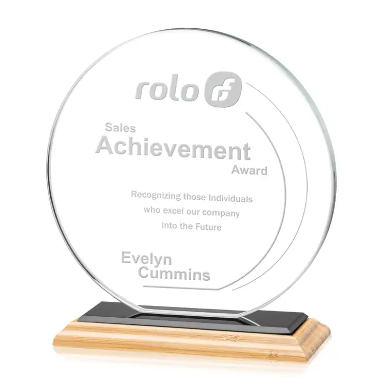 Victoria Starfire Crystal Award - Disc on Bamboo Base - Deep Etch #2