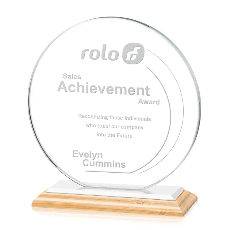 Victoria Starfire Crystal Award - Disc on Bamboo Base - Deep Etch #3